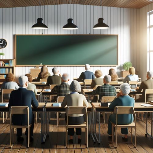 an AI generated image of a bunch of senior citizens sitting at desks in a classroom and they are all facing a chalkboard at the front of the class