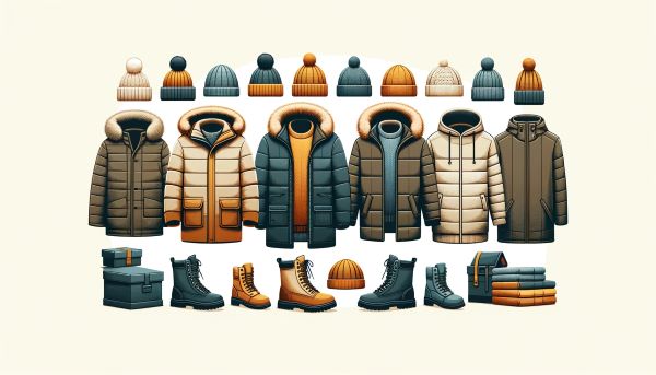 An AI generated picture of some jackets, boots, and hats in blue, beige, and brown colours