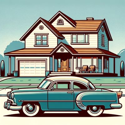 a cartoonish AI generated image of a craftsman style house and a classic style light blue car parked on the street infront.