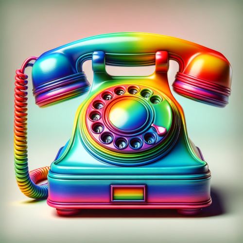 an AI generated picture a shiny rainbow coloured rotary telephone