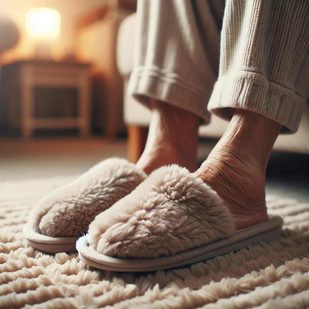 an AI generated image of a person's ankles and feet wearing beige furry slippers